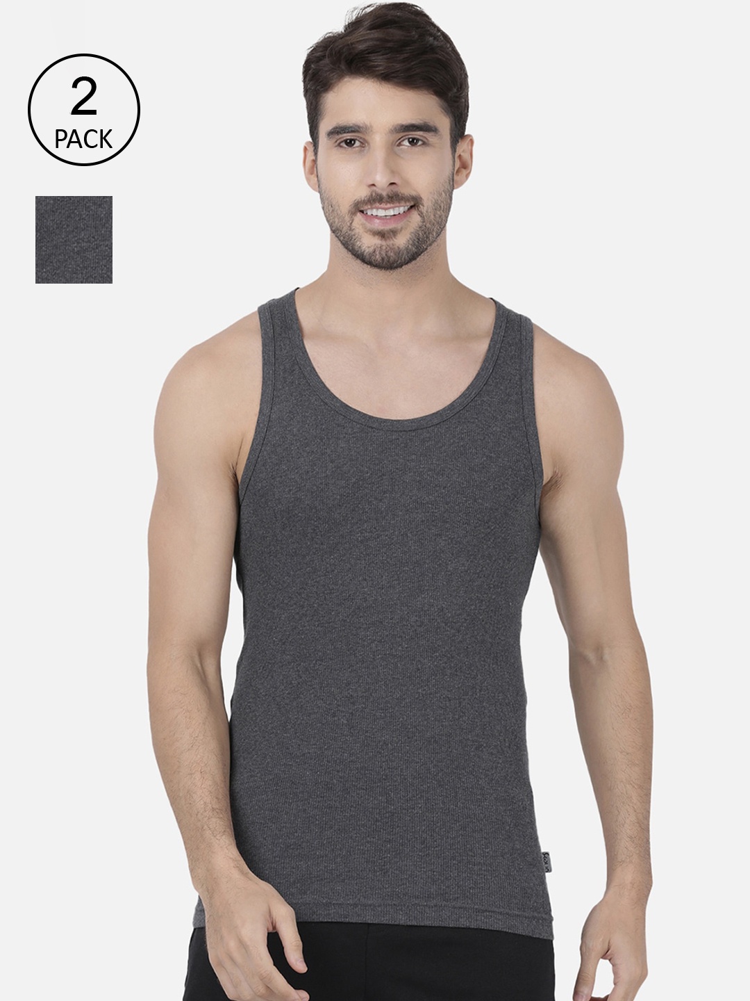 

one8 by Virat Kohli Men Pack Of 2 Grey Solid Innerwear Vests, Charcoal