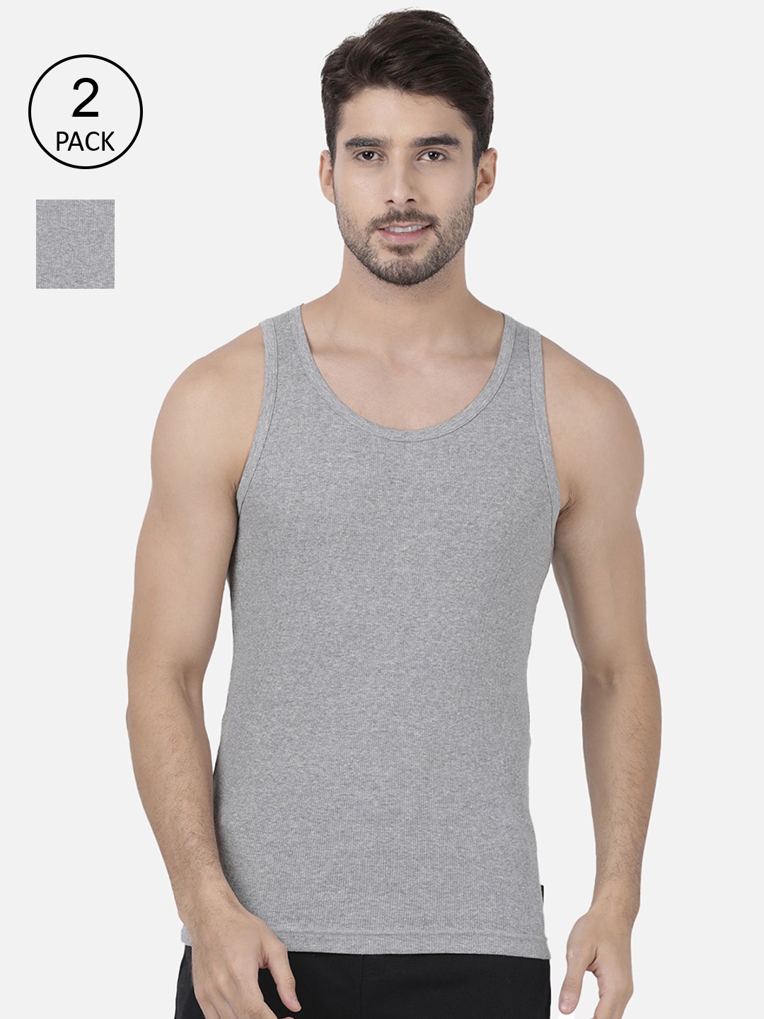

one8 by Virat Kohli Men Pack Of 2 Solid Pure Combed Cotton Innerwear Vests, Grey melange