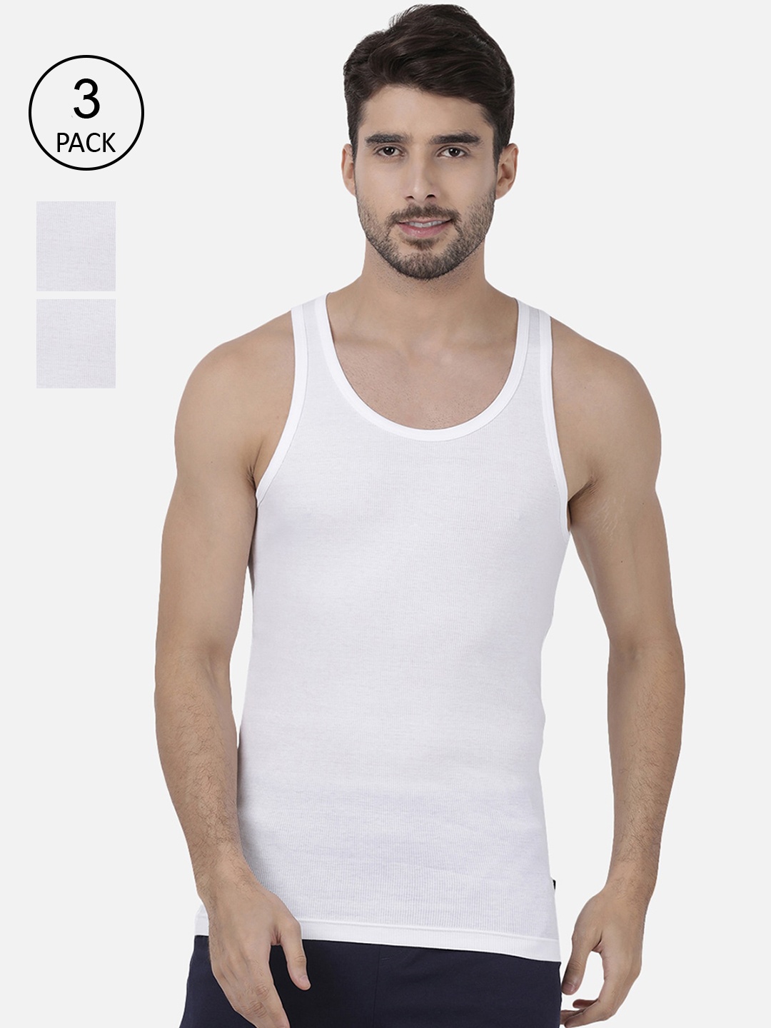 

one8 by Virat Kohli Men Pack Of 3 Solid Cotton Rib Vest Innerwear Vests, White