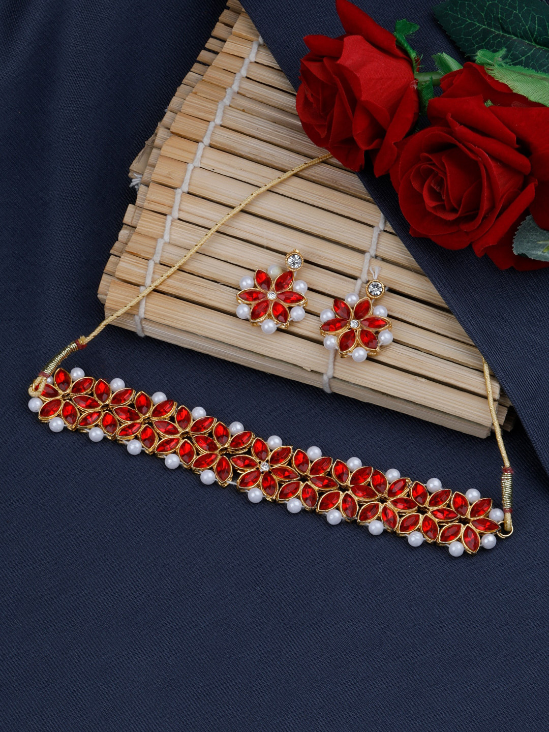 

Silver Shine Women Gold-Toned Red Stone Studded Antique Choker Jewelry Set