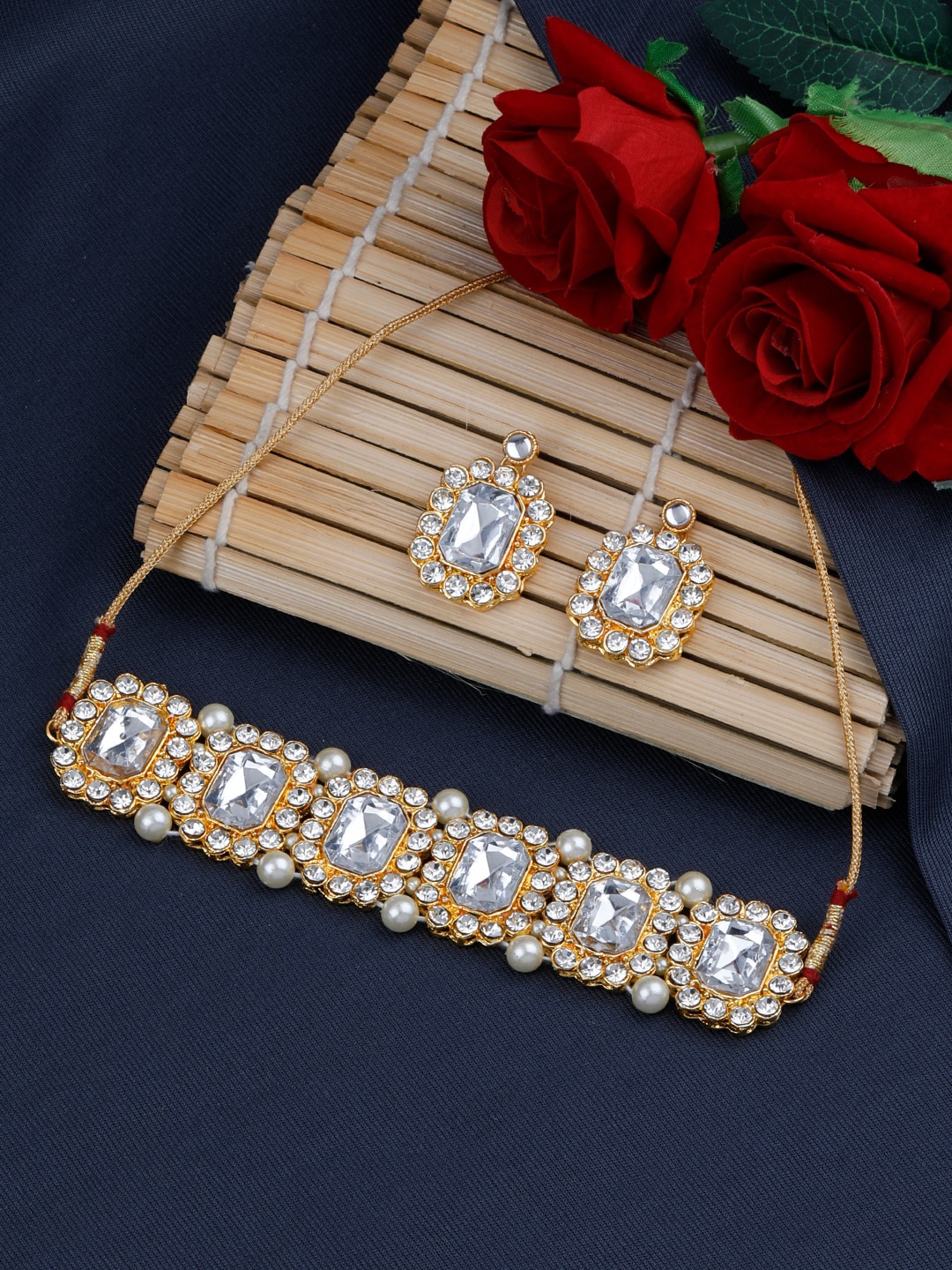 

Silver Shine Gold-Toned Stone-Studded & Beaded Jewellery Set
