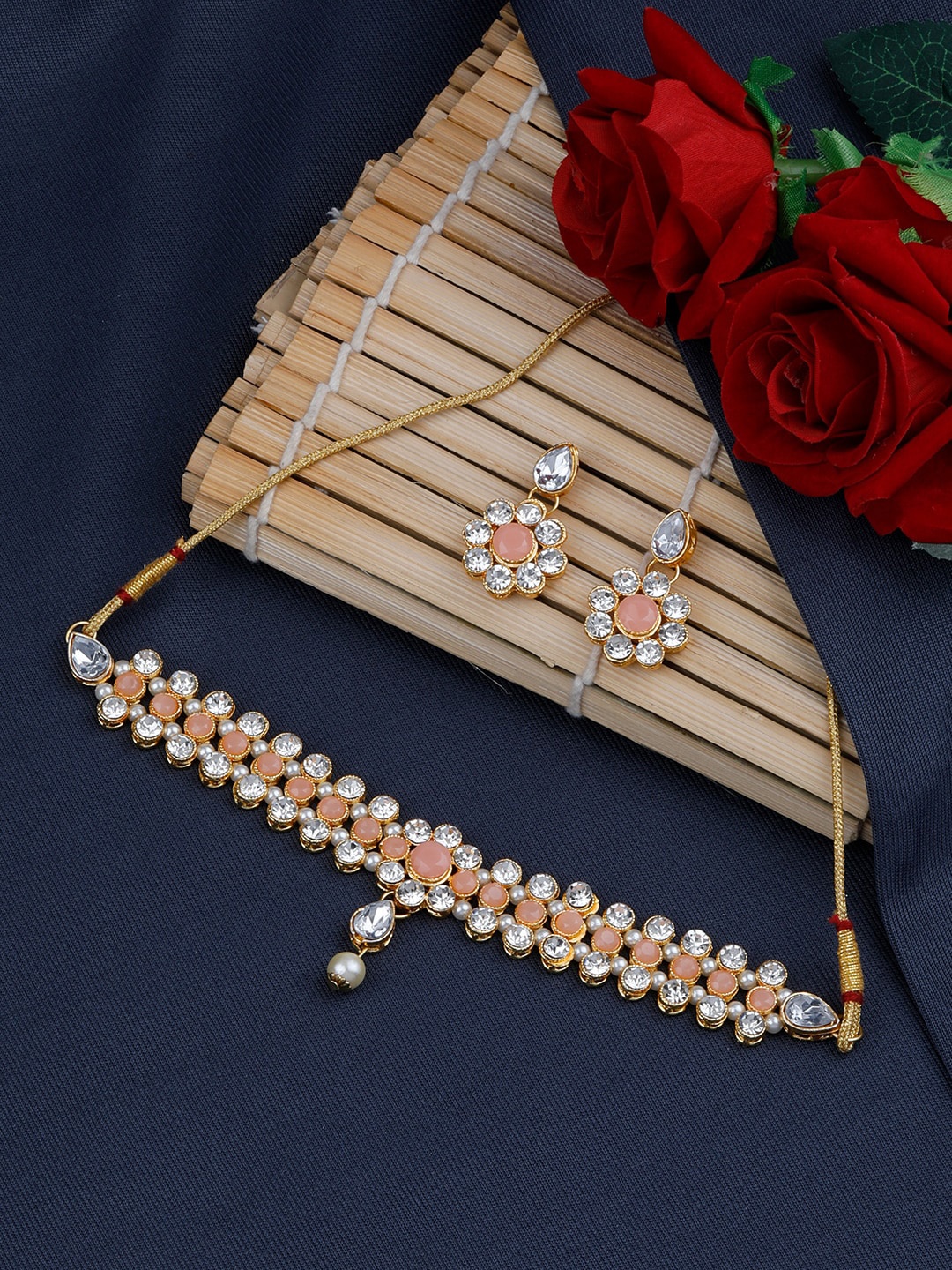 

Silver Shine Women Orange & White Ethnic Antique Beaded Choker Jewellery Set