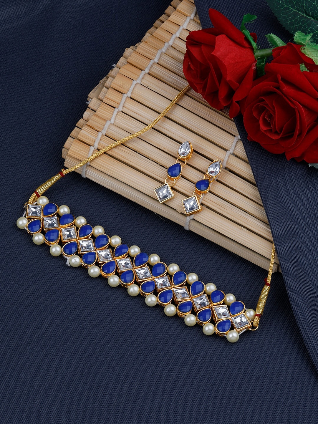 

Silver Shine Gold-Toned Blue & White Stone-Studded & Beaded Choker Jewellery Set