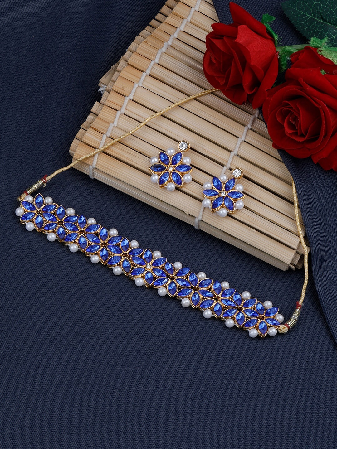

Silver Shine Gold-Toned White & Blue Stone-Studded & Pearl Beaded Jewellery Set