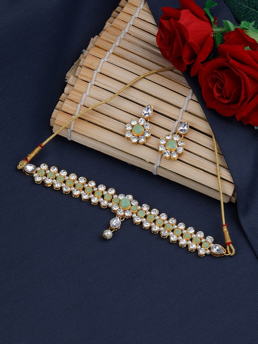 

Silver Shine Gold-Toned Green & White Stone Studded Choker Necklace Jewellery Set
