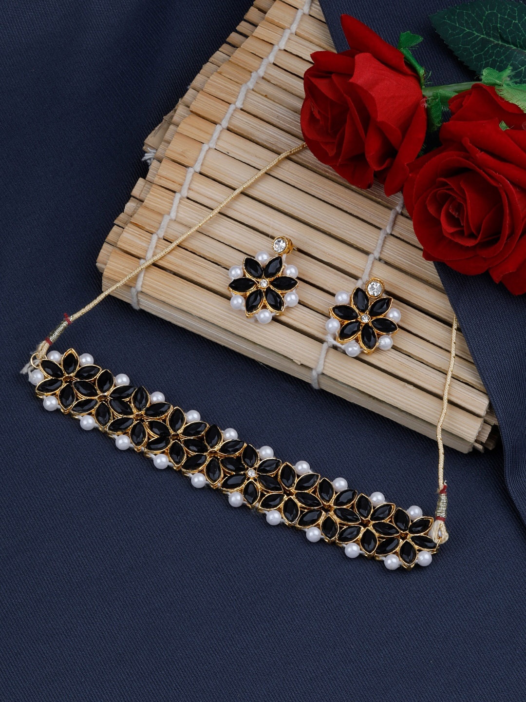 

Silver Shine Gold-Toned & Black Stone-Studded & Beaded Choker Jewellery Set