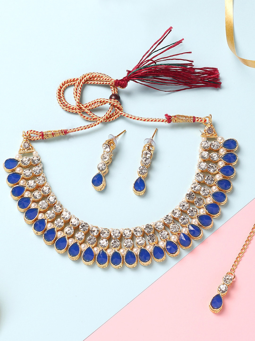 

MAD CLUB Gold-Plated Blue Stone Studded Bollywood Style Choker Jewellery Set