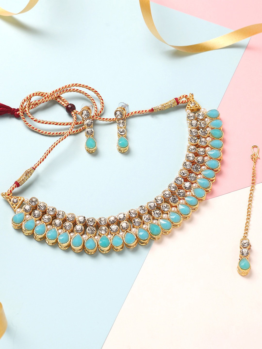 

MAD CLUB Gold-Plated Turquoise Blue & White Colored Jewellery Set