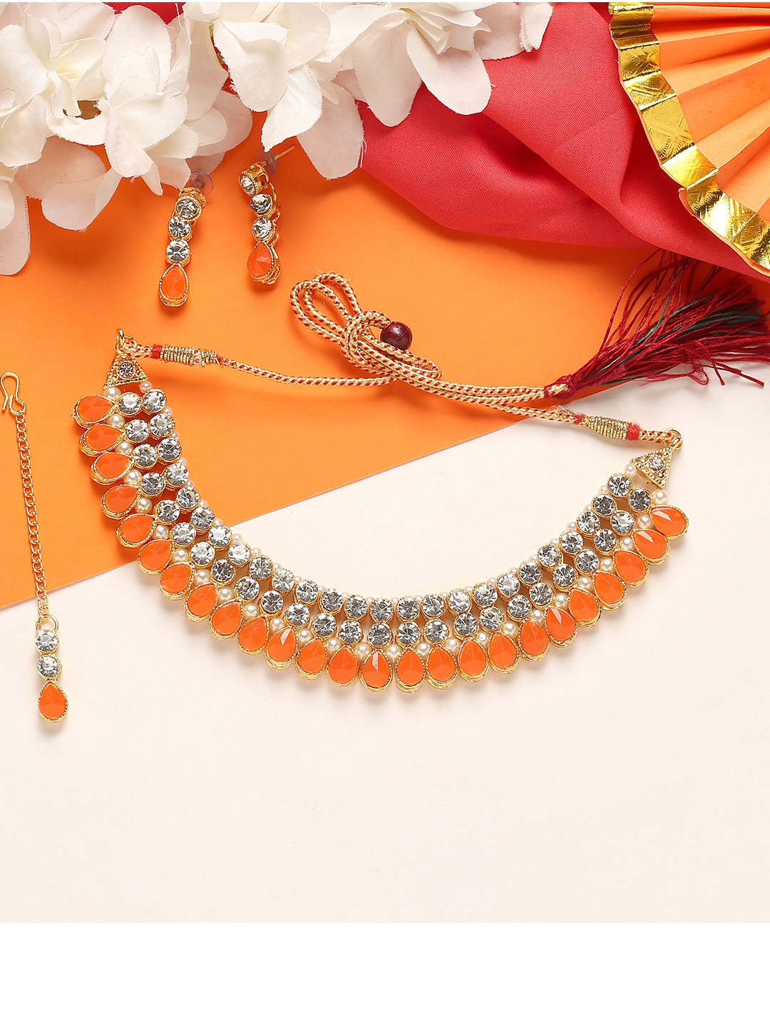 

MAD CLUB Gold-Plated Orange & White Stone-Studded Jewellery Set