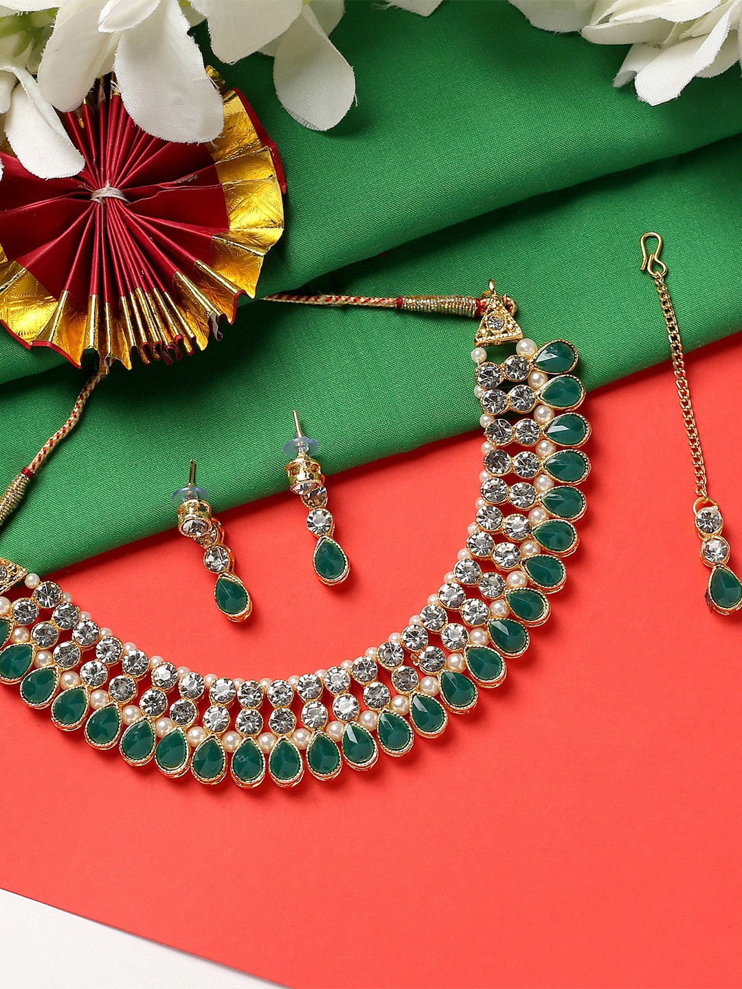 

MAD CLUB Gold-Plated & Green Stone Studded Choker Jewellery Set