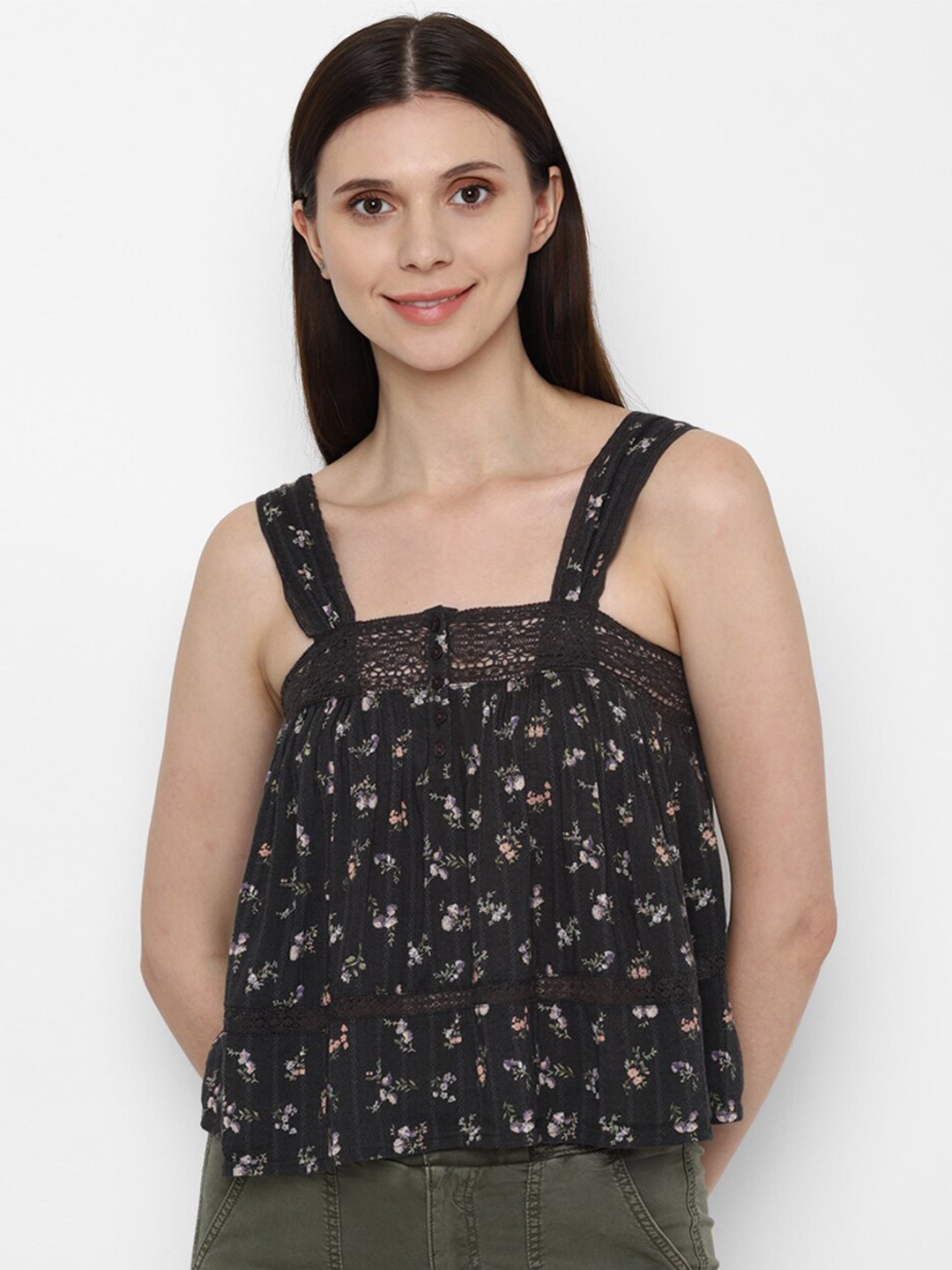 

AMERICAN EAGLE OUTFITTERS Women Black Floral Print Shoulder Straps Top