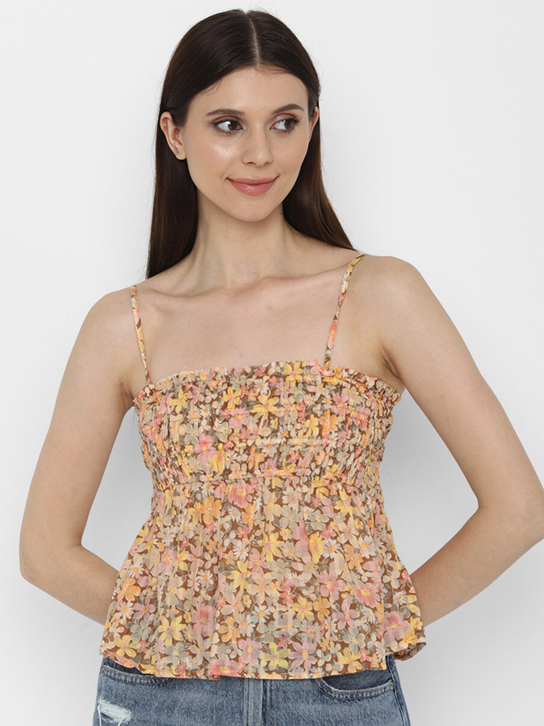 

AMERICAN EAGLE OUTFITTERS Women Brown Floral Print Shoulder strap Top