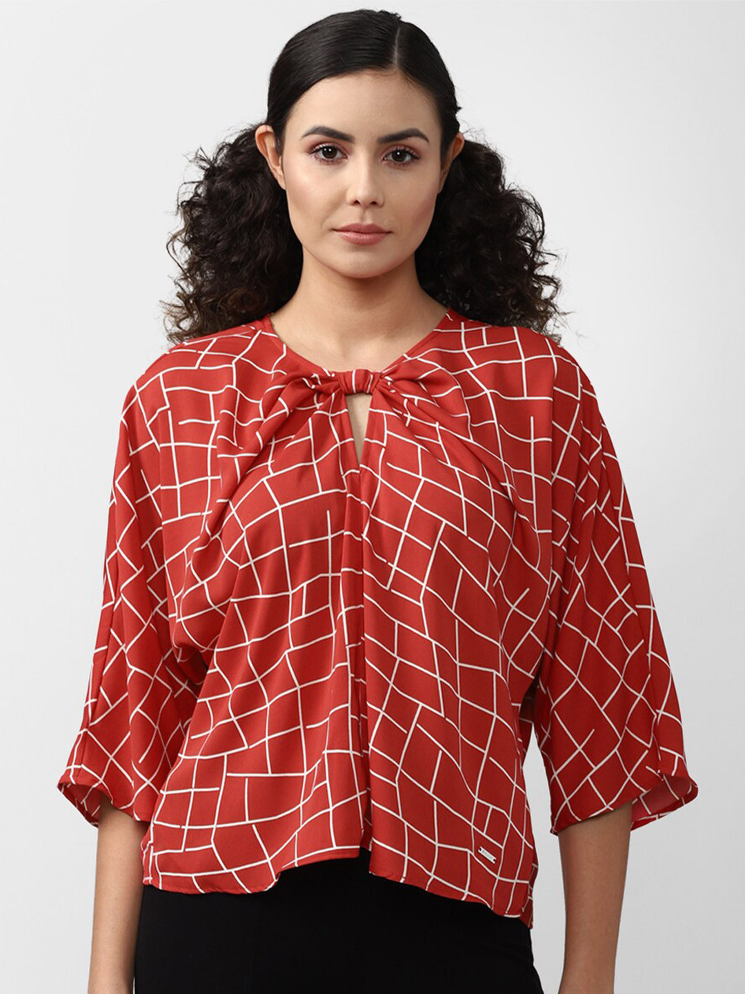 

Van Heusen Woman Checked Tie-Up Neck Formal Top, Red