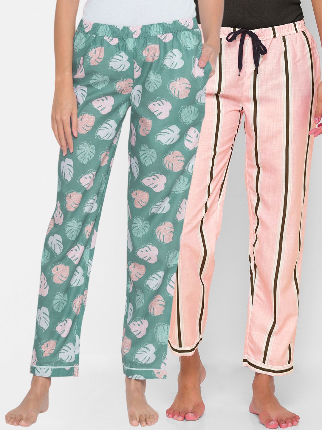 

FashionRack Women Pack of 2 Beatle Leaf Vertical Stripes Printed Cotton Lounge Pants, Green