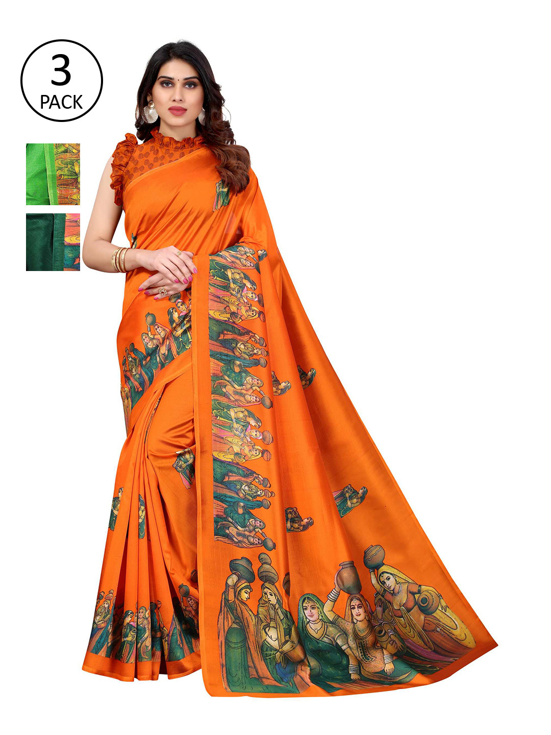 

AADVIKA Orange & Green Pack of 3 Floral Art Silk Mysore Silk Saree