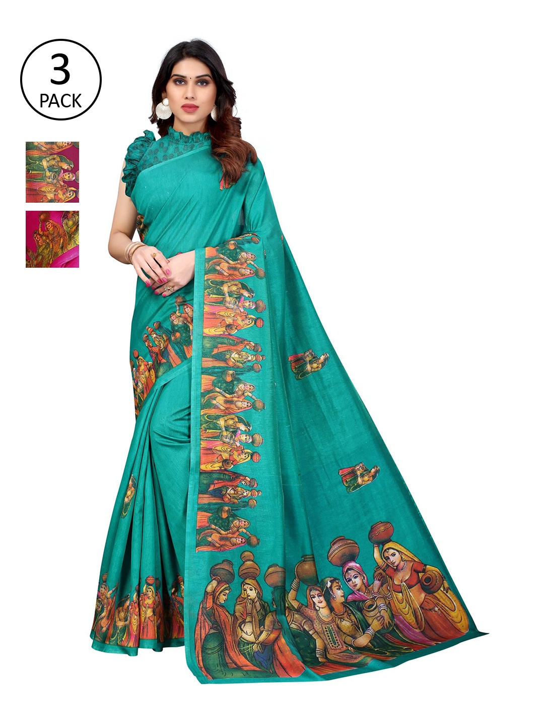 

AADVIKA Blue, Maroon & Pink Ethnic Motifs Silk Blend Mysore Silk Saree