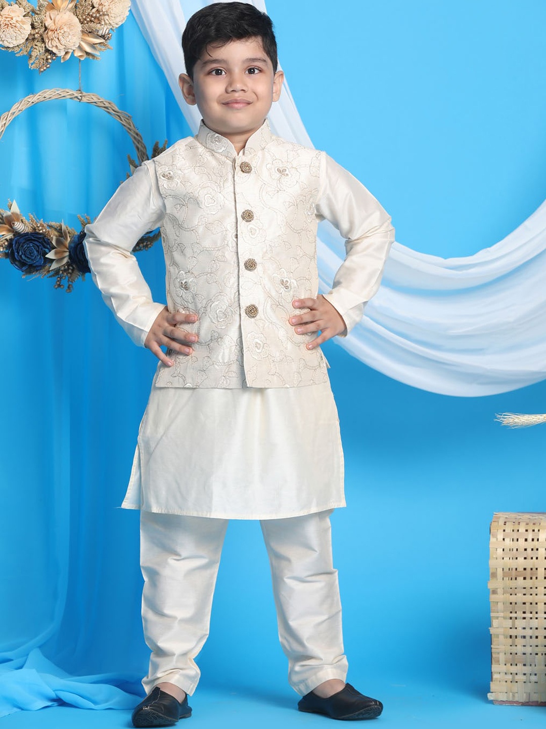 

VASTRAMAY Boys Cream Viscose Kurta And Pyjama With Embroidered Nehru Jacket