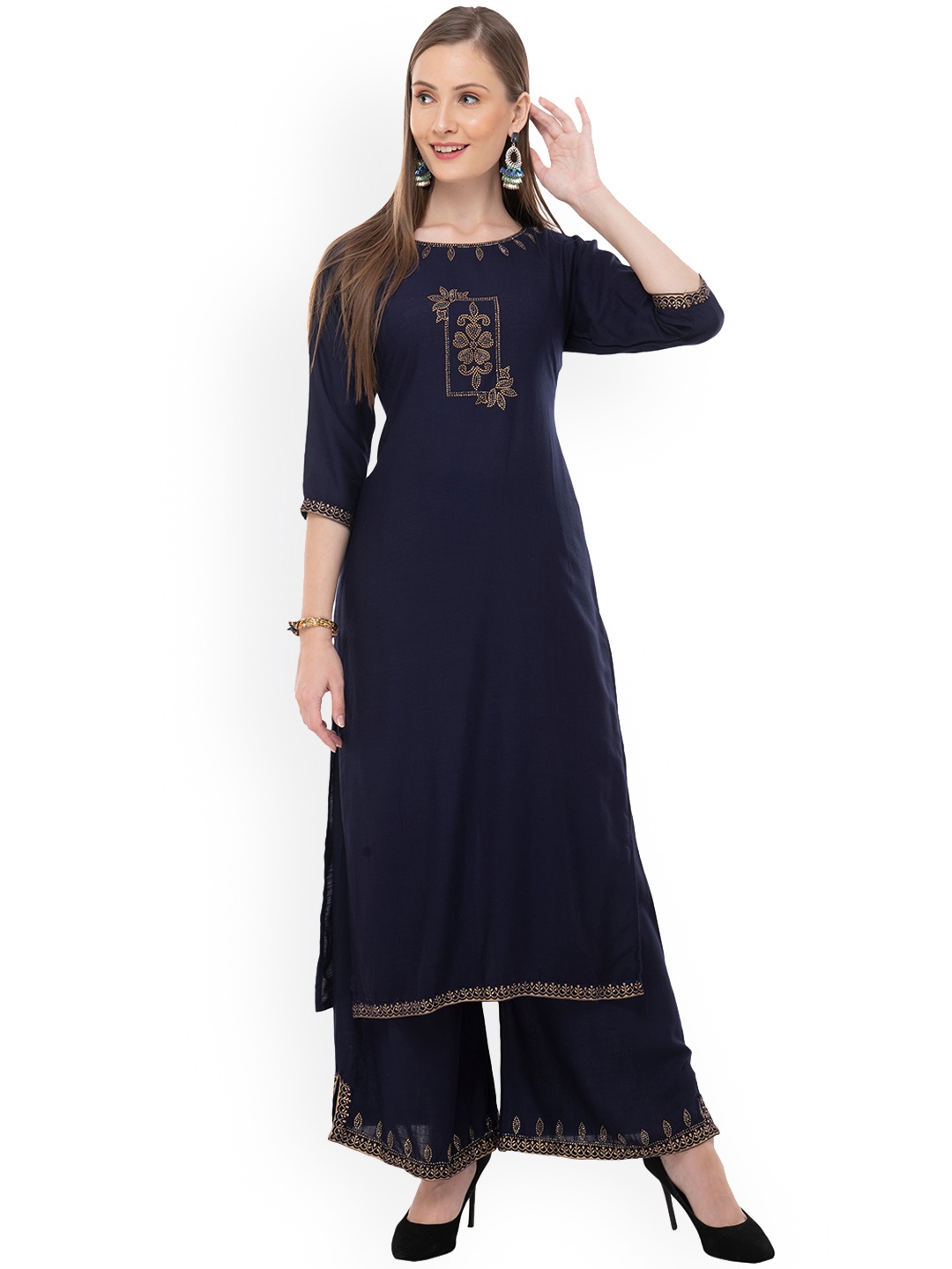 

DesiNoor.com Women Navy Blue Self Design Kurta with Palazzos