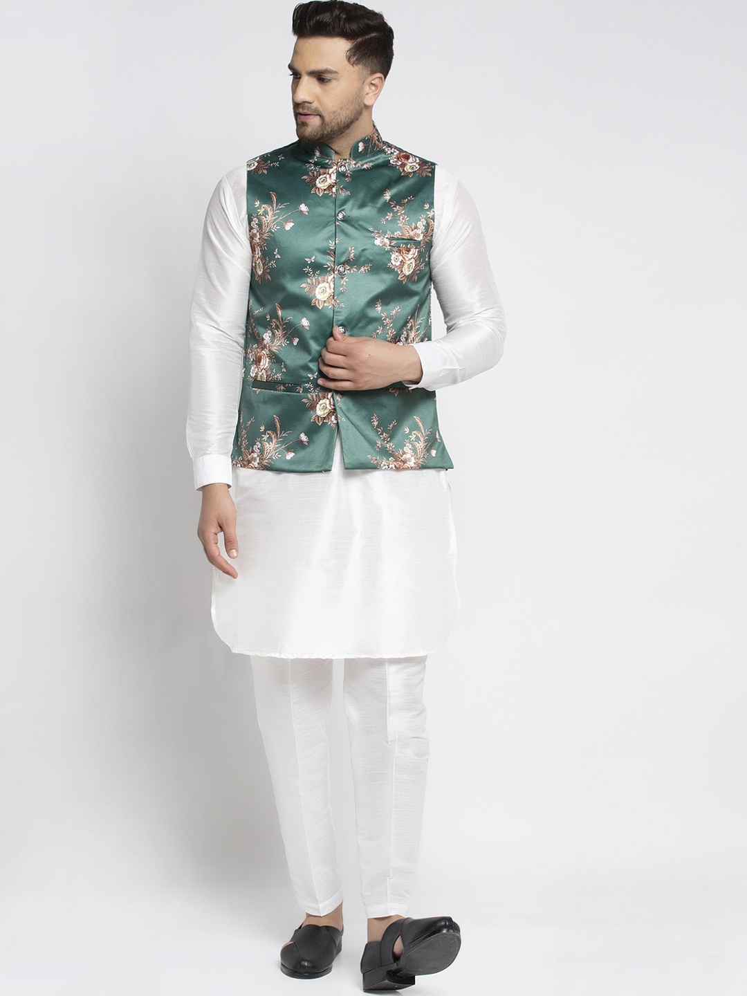 

Kaifoo Men White Angrakha Kurta with Trousers