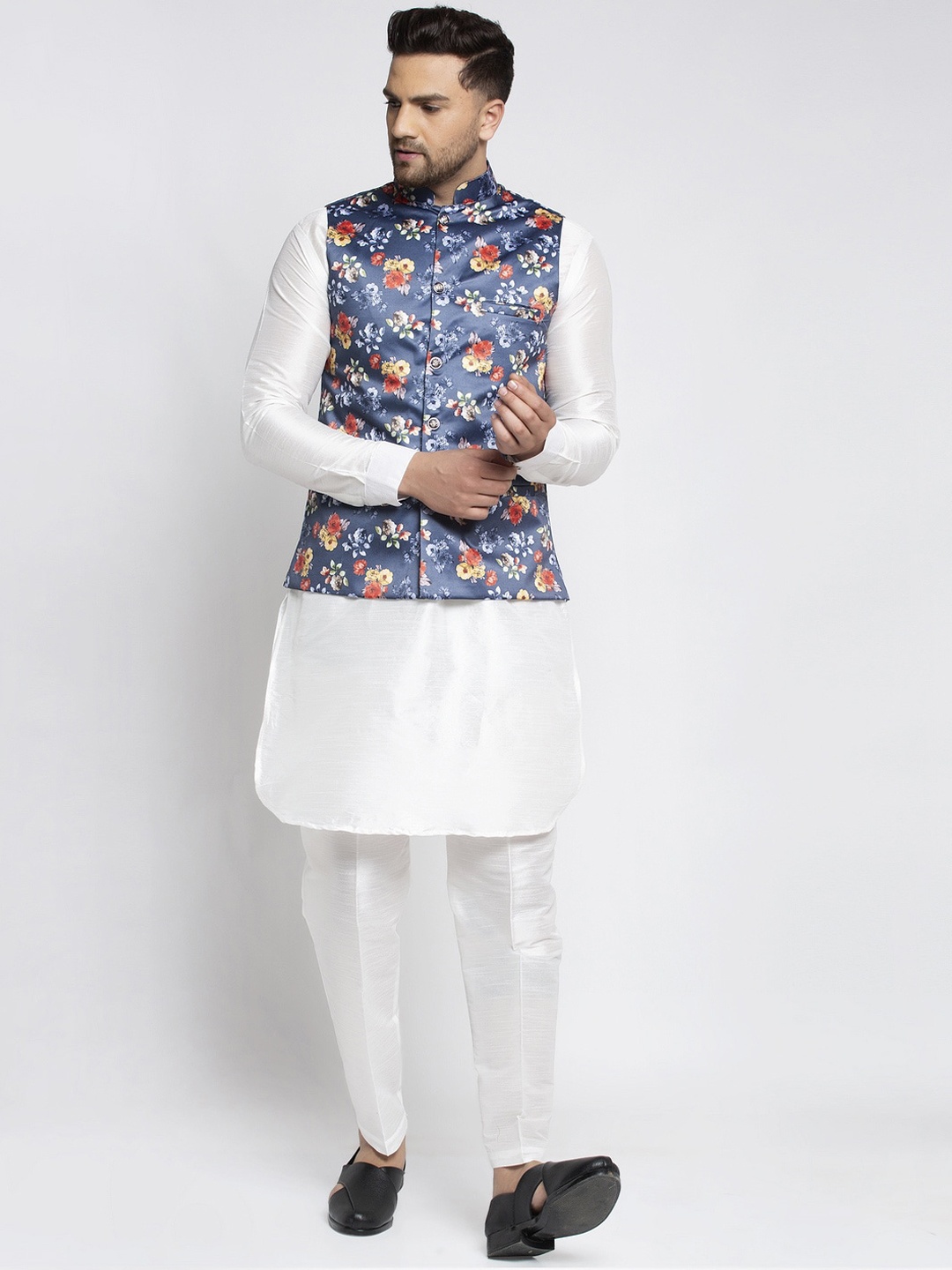 

Kaifoo Men White Floral Printed Angrakha Kurti with Pyjamas
