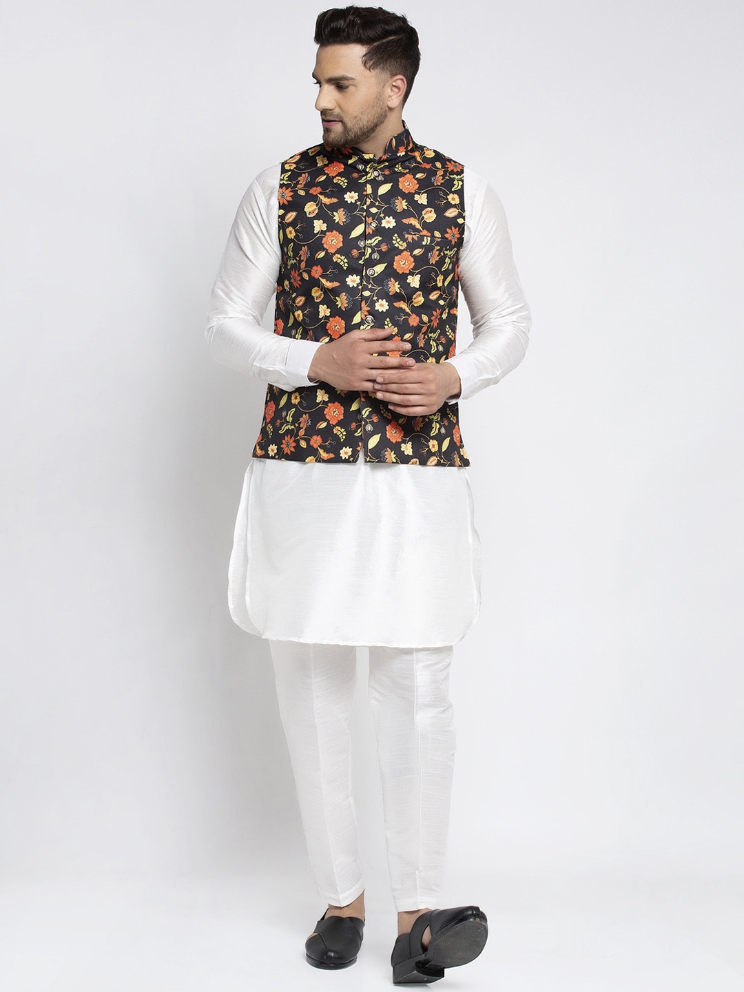 

Kaifoo Men White Kurta & Salwar With Printed Nehru Jacket. .