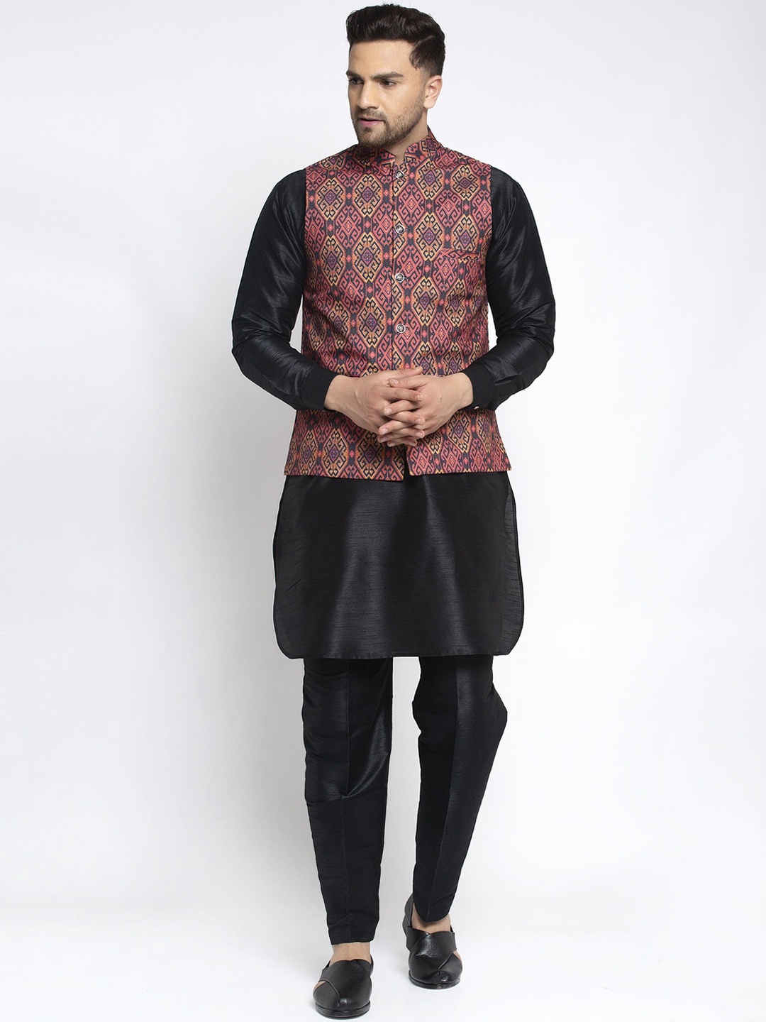 

Kaifoo Men Black Kurta with Pyjamas & Printed Nehru Jacket