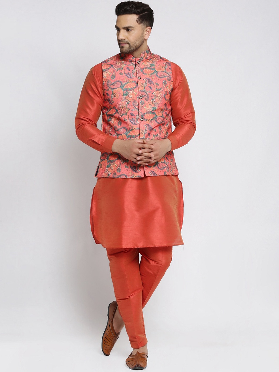 

Kaifoo Men Orange Kurti with Churidar and Printed Nehru Jacket