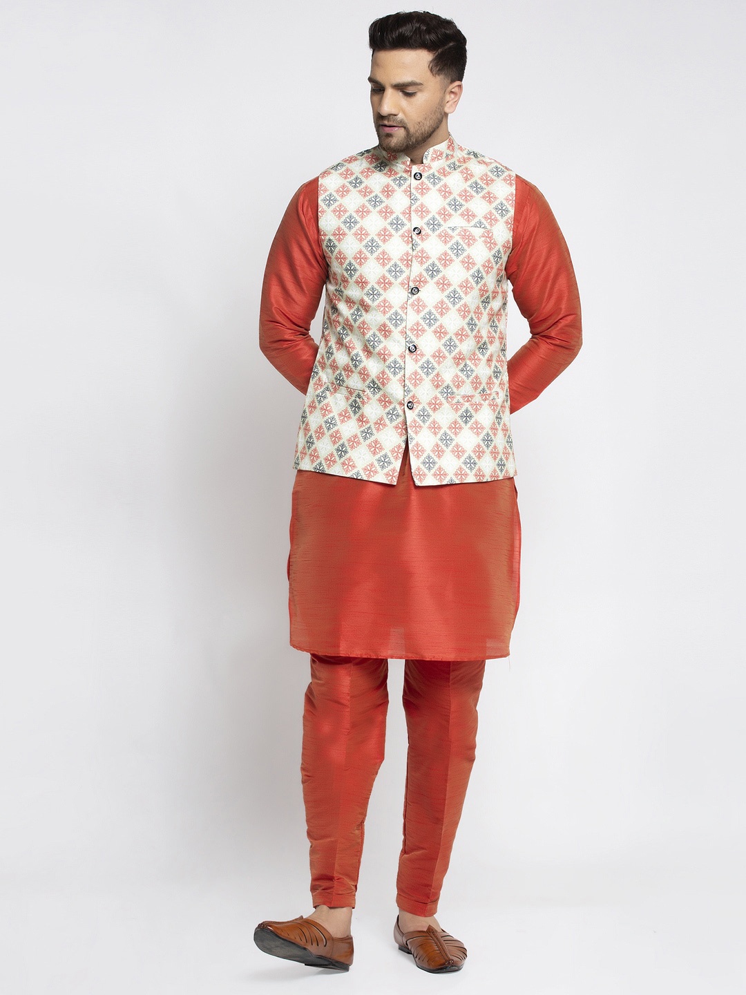 

Kaifoo Men Orange Layered Kurta with Trousers and Nehru Jacket