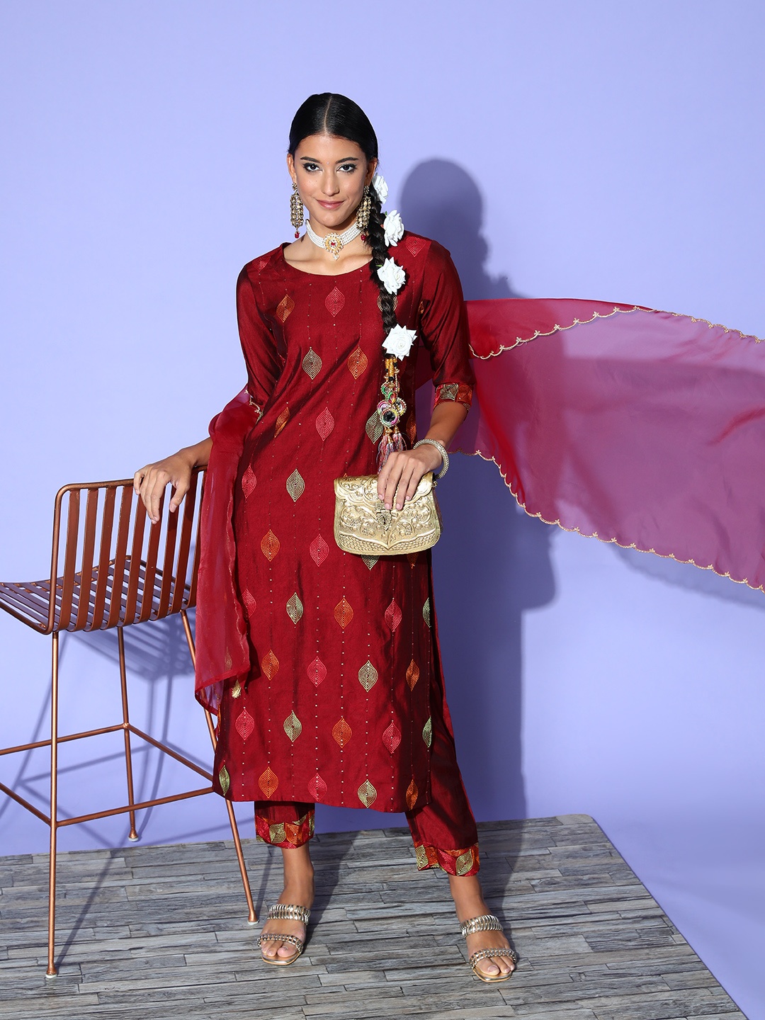 

Indo Era Women Maroon Floral Embroidered Sequinned Liva Kurta with Trousers & With Dupatta