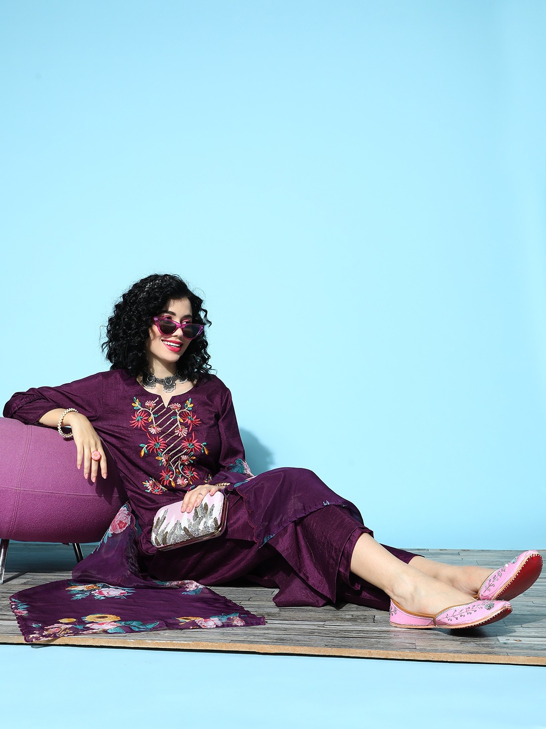 

Indo Era Women Purple Floral Embroidered Kurta with Trousers & With Dupatta