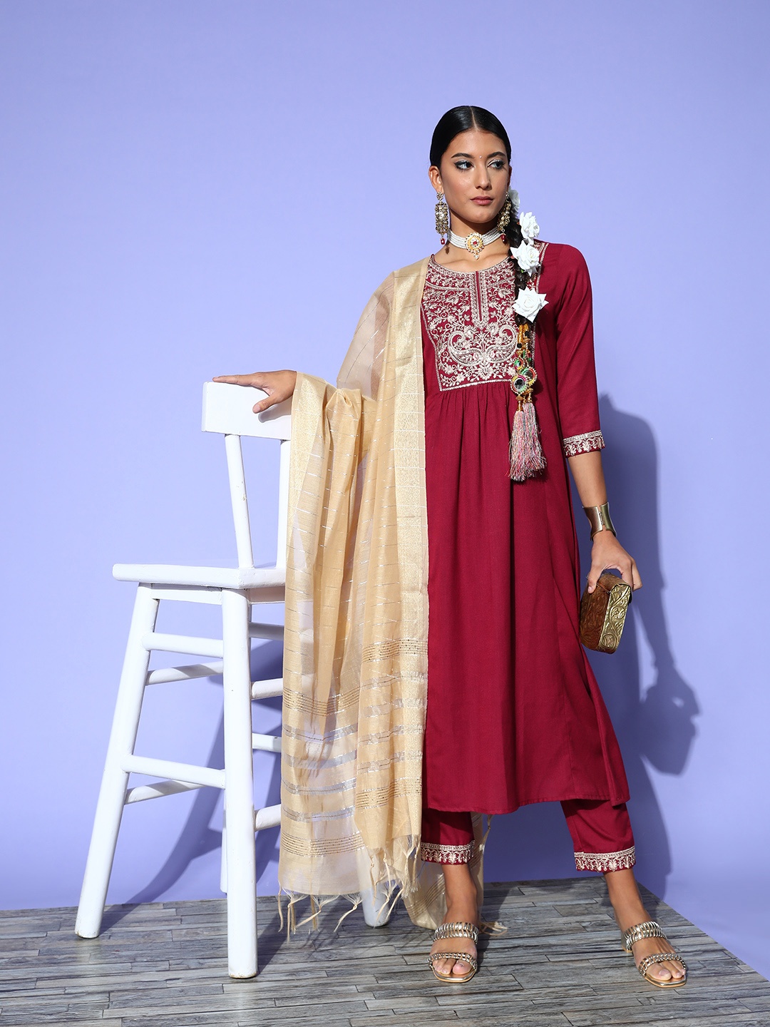 

Indo Era Women Maroon Ethnic Motifs Embroidered Empire Sequinned Kurta with Trousers & With Dupatta