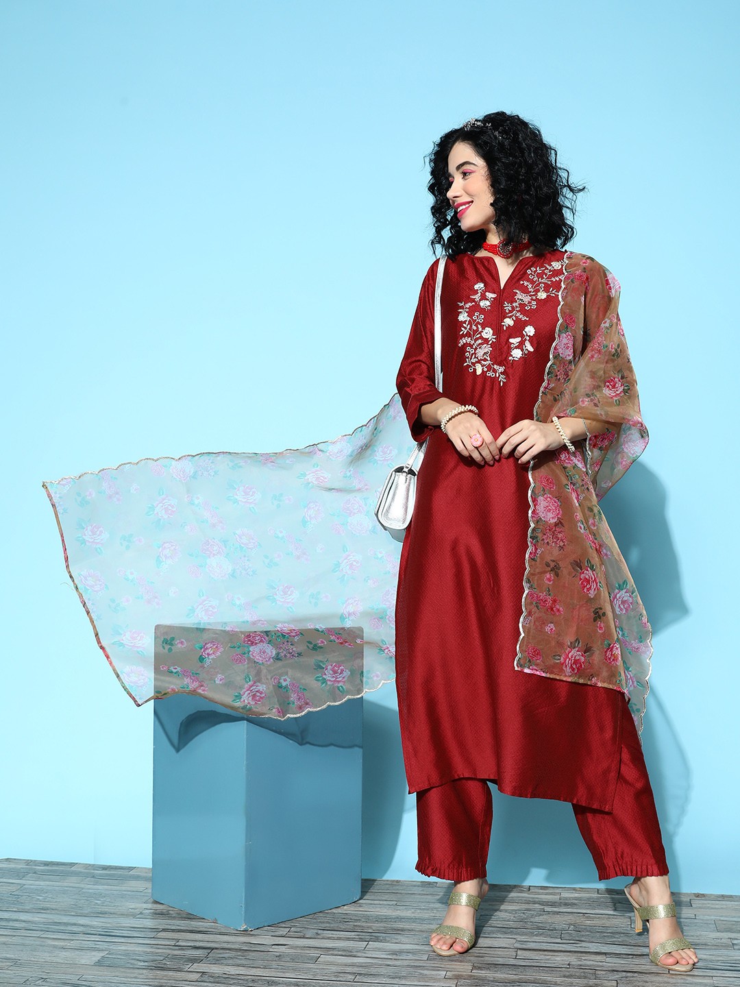 

Indo Era Women Maroon Floral Embroidered Kurta with Trousers & With Dupatta
