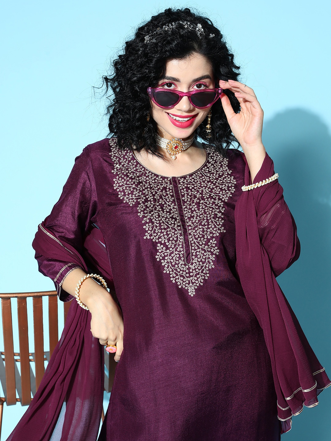 

Indo Era Women Purple Ethnic Motifs Yoke Design Kurta with Trousers & With Dupatta
