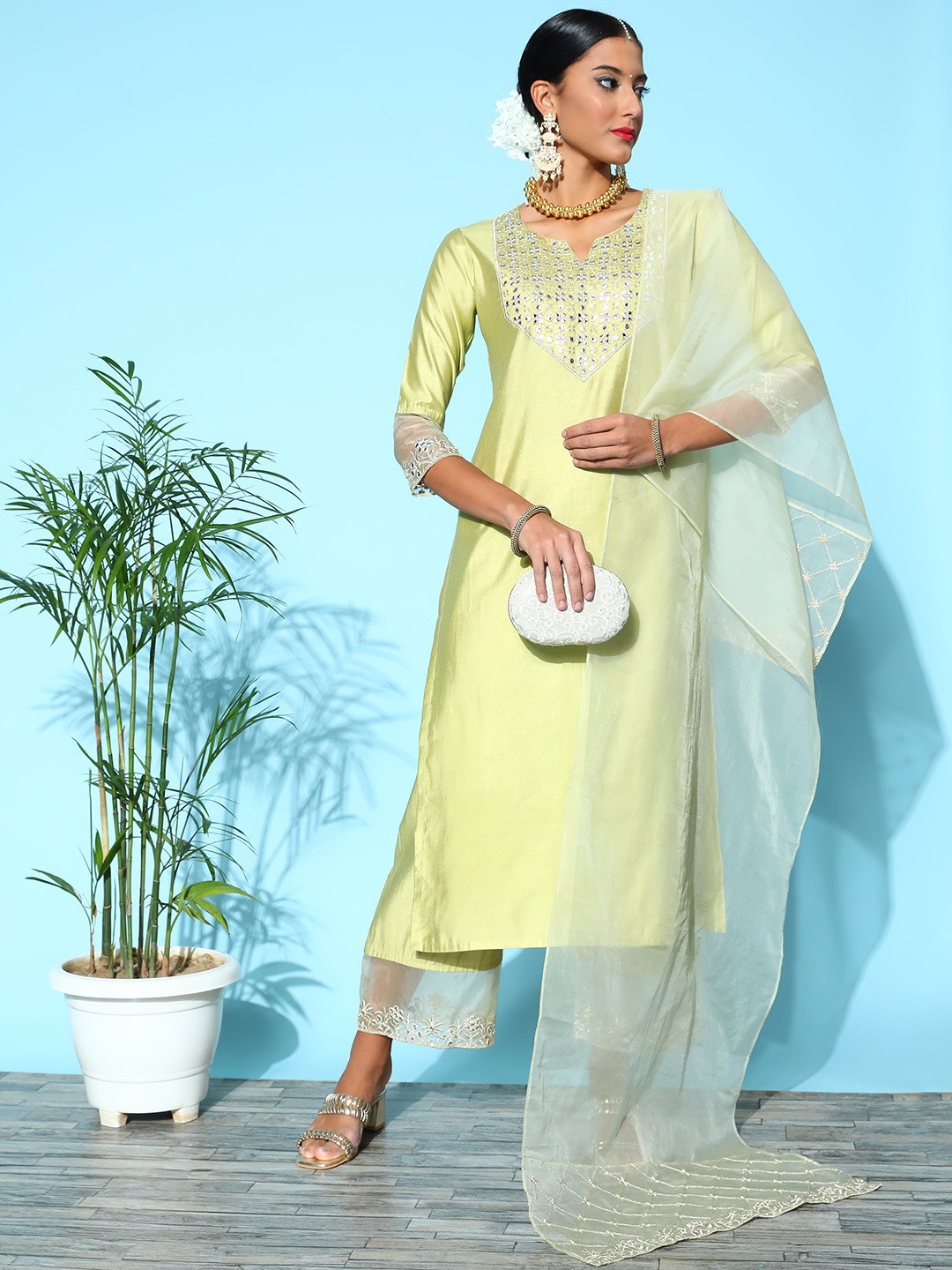 

Indo Era Women Lime Green Ethnic Motifs Embroidered Mirror Work Liva Kurta with Palazzos & With Dupatta