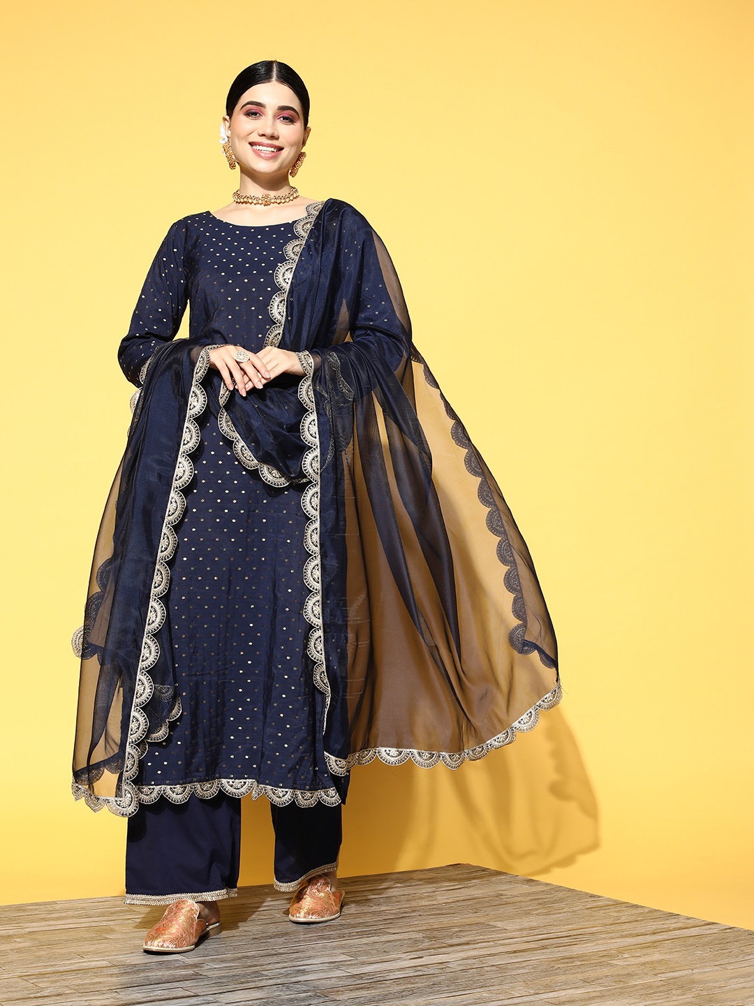 

Indo Era Women Navy Blue Sequinned Kurta with Palazzos & With Dupatta