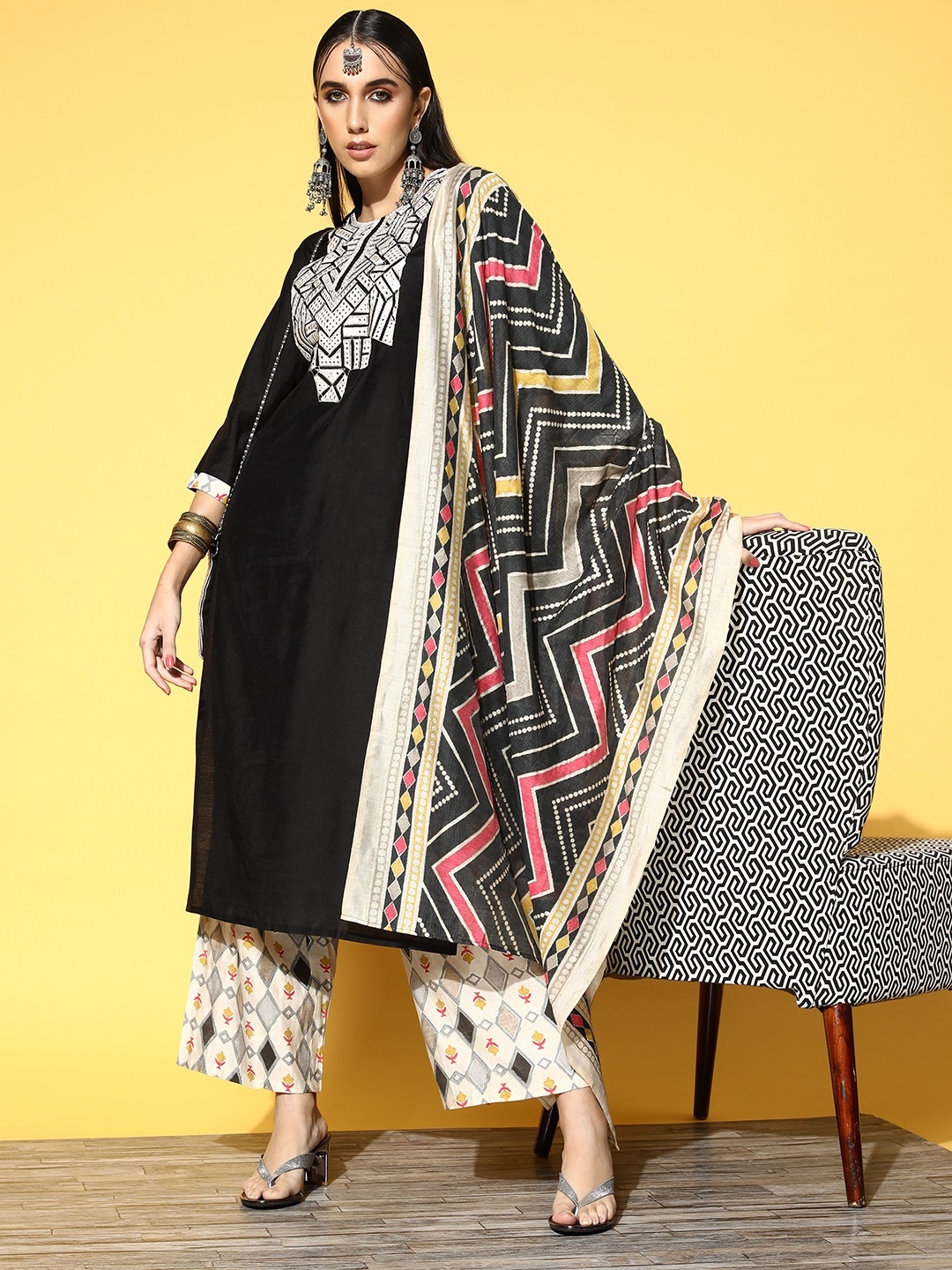

Indo Era Women Black Ethnic Motifs Embroidered Mirror Work Liva Kurta with Palazzos & With Dupatta