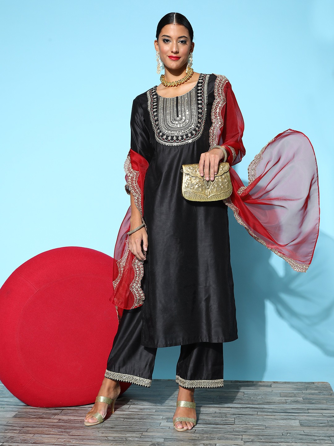 

Indo Era Women Black Embroidered Sequinned Liva Kurta with Palazzos & With Dupatta