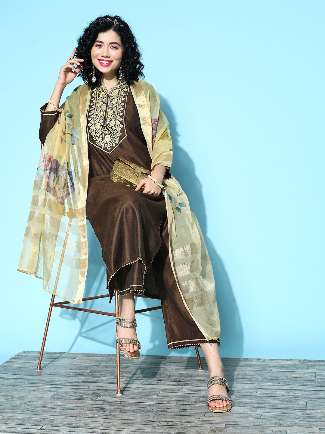 

Indo Era Women Brown Floral Embroidered Sequinned Liva Kurta with Palazzos & With Dupatta