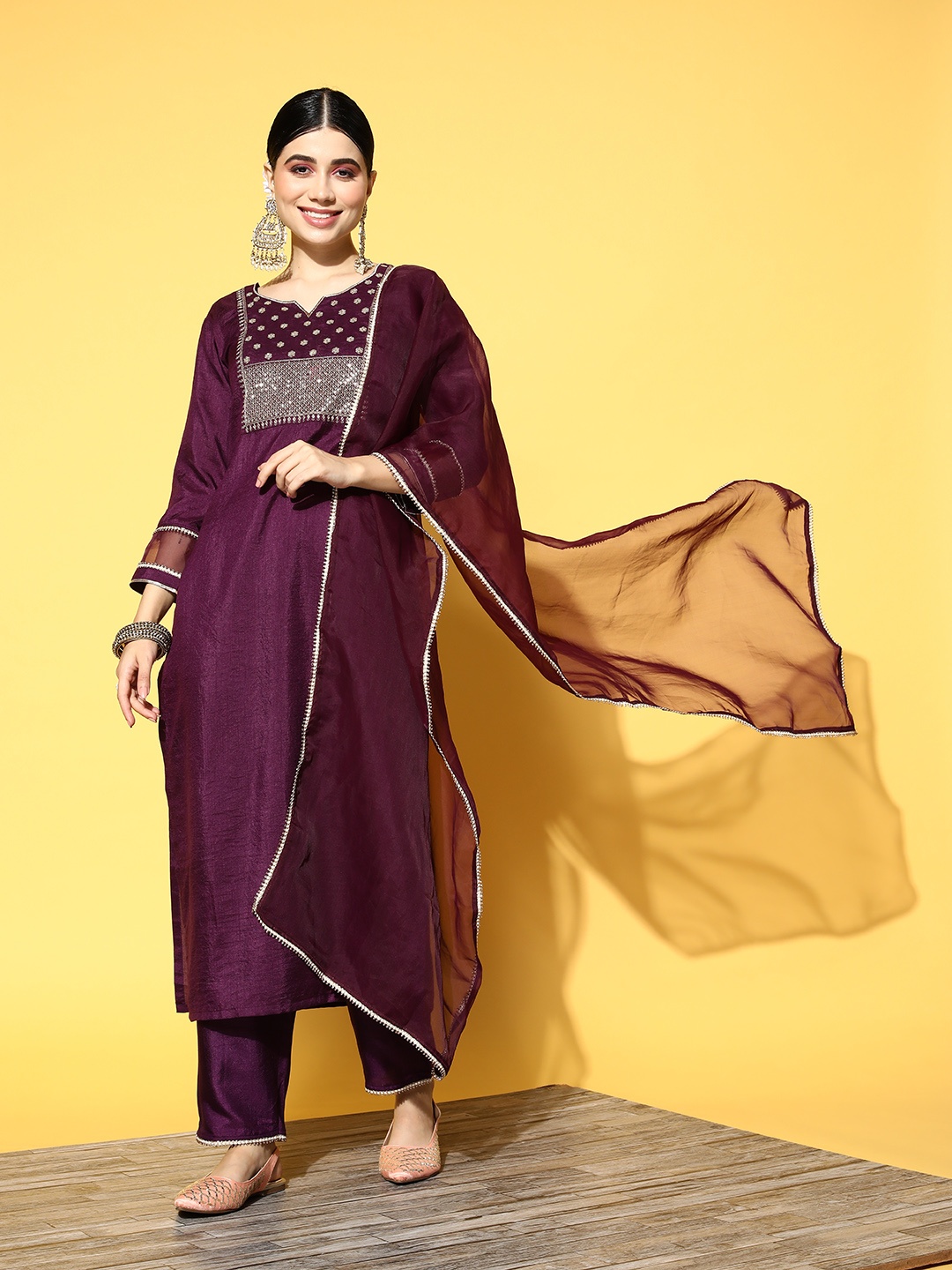 

Indo Era Women Burgundy Ethnic Motifs Embroidered Kurta with Trousers & With Dupatta