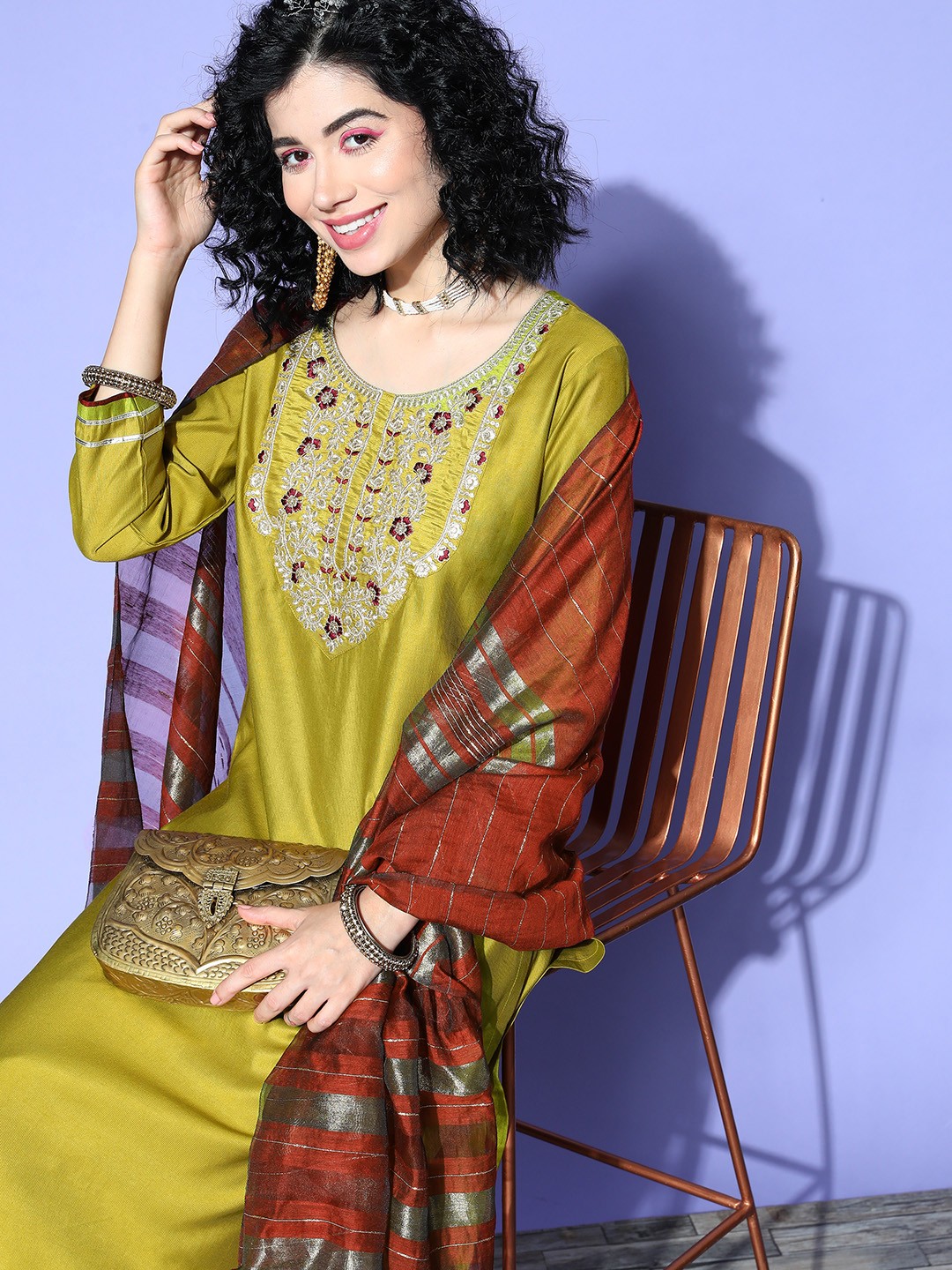 

Indo Era Women Olive Green Floral Embroidered Sequinned Liva Kurta with Palazzos & With Dupatta