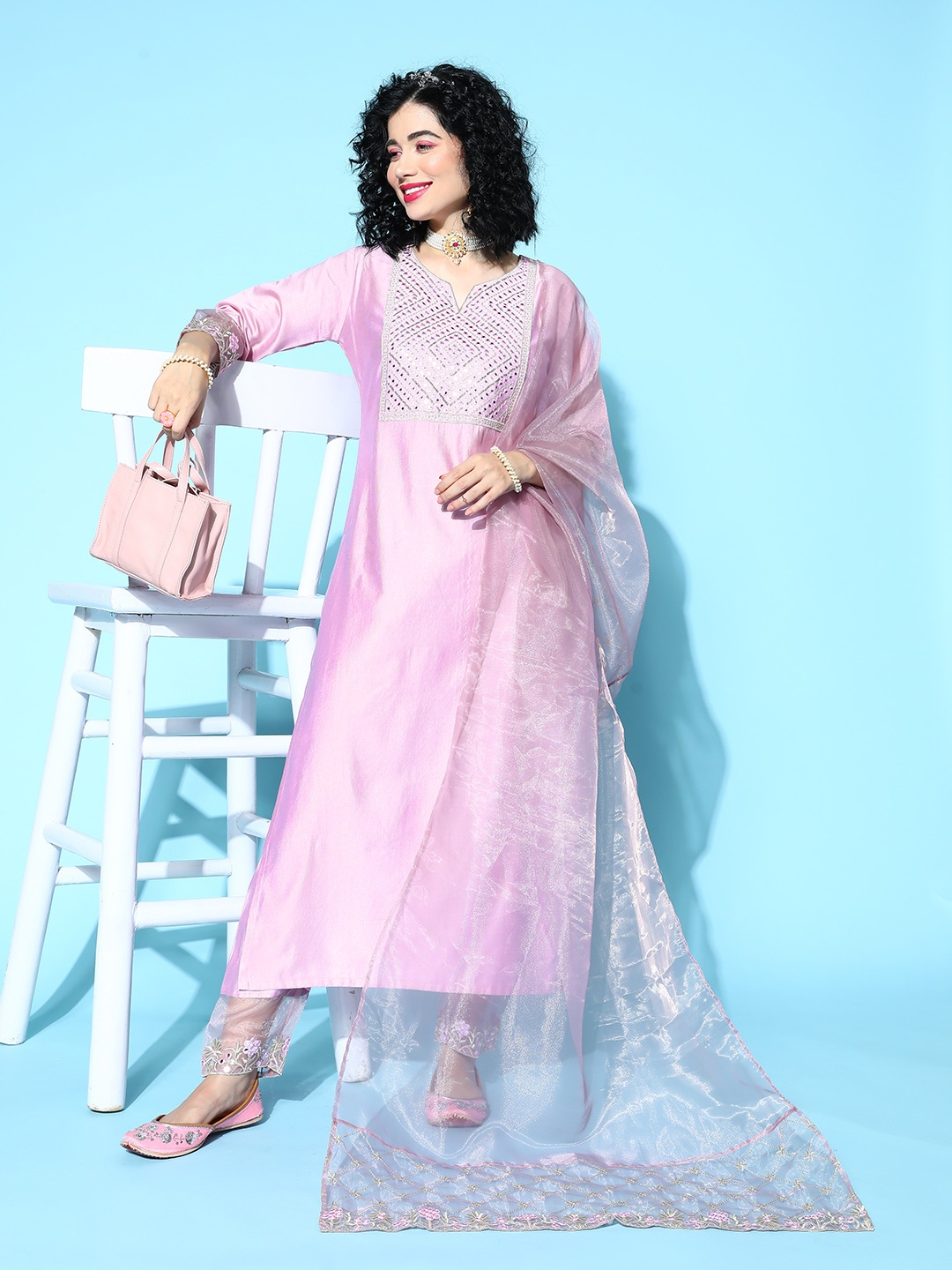 

Indo Era Women Lavender Embroidered Mirror Work Liva Kurta with Trousers & With Dupatta