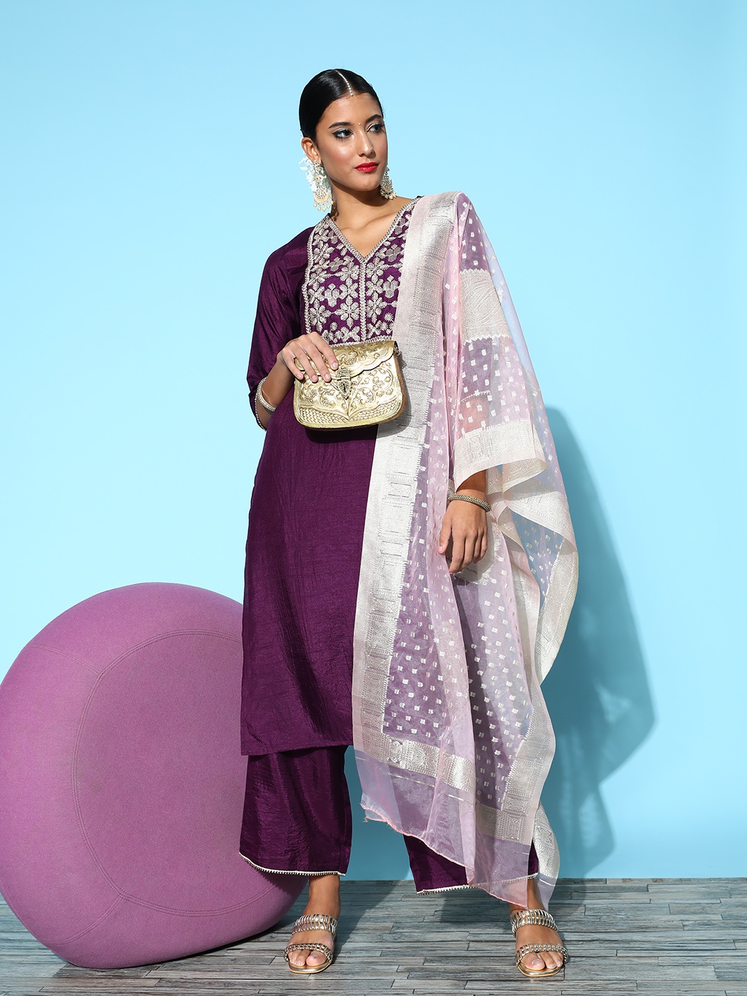 

Indo Era Women Purple Ethnic Motifs Yoke Design Kurta with Trousers & With Dupatta
