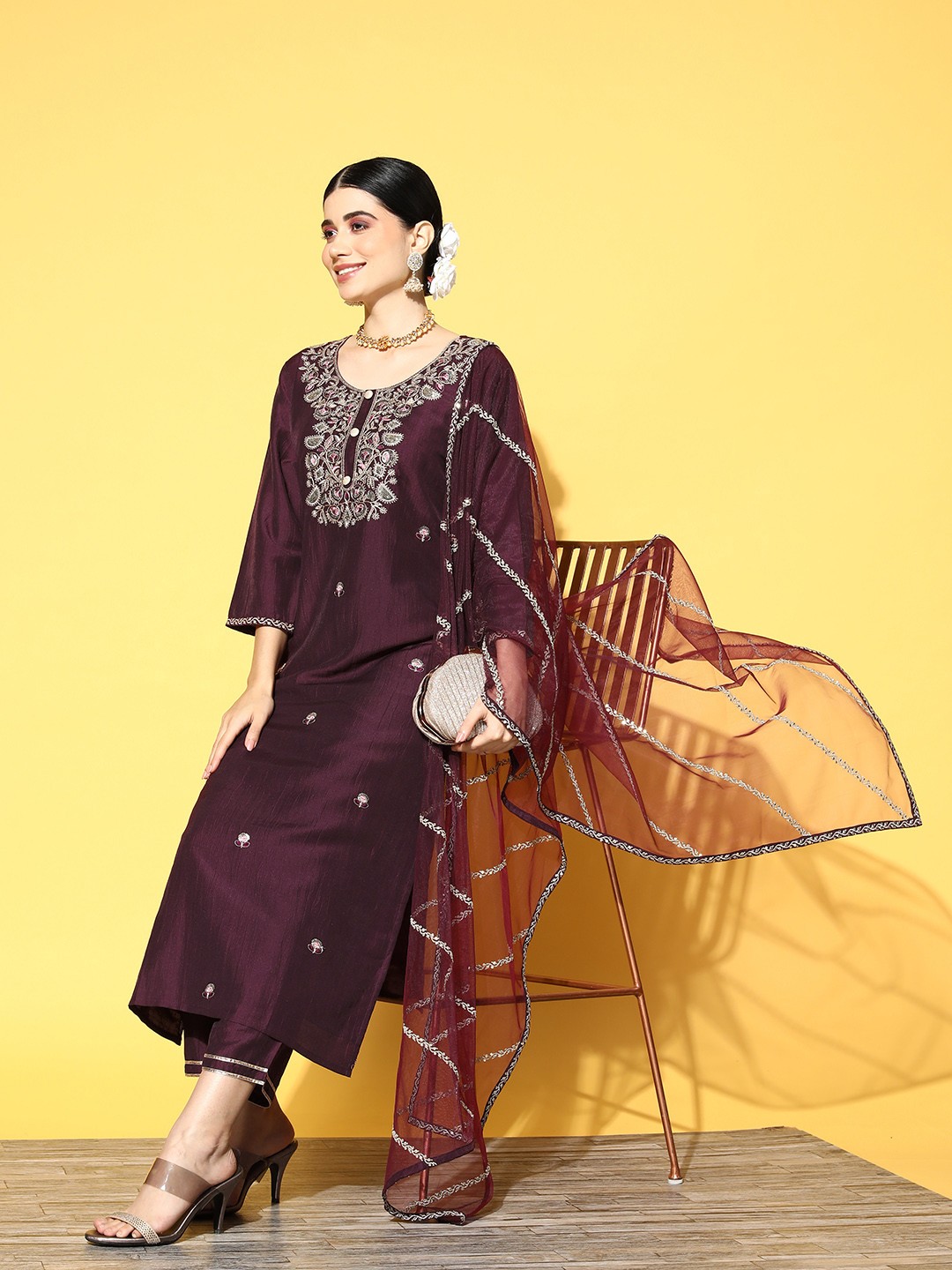

Indo Era Women Burgundy Ethnic Motifs Printed Kurta with Palazzos & With Dupatta