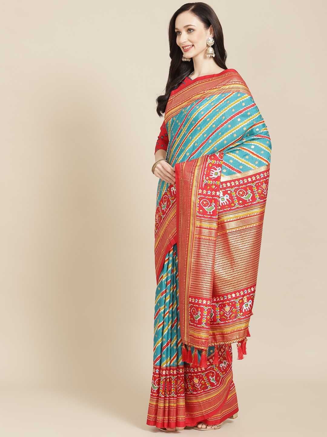 

SHANGRILA Blue & Red Ethnic Motifs Art Silk Patola Saree