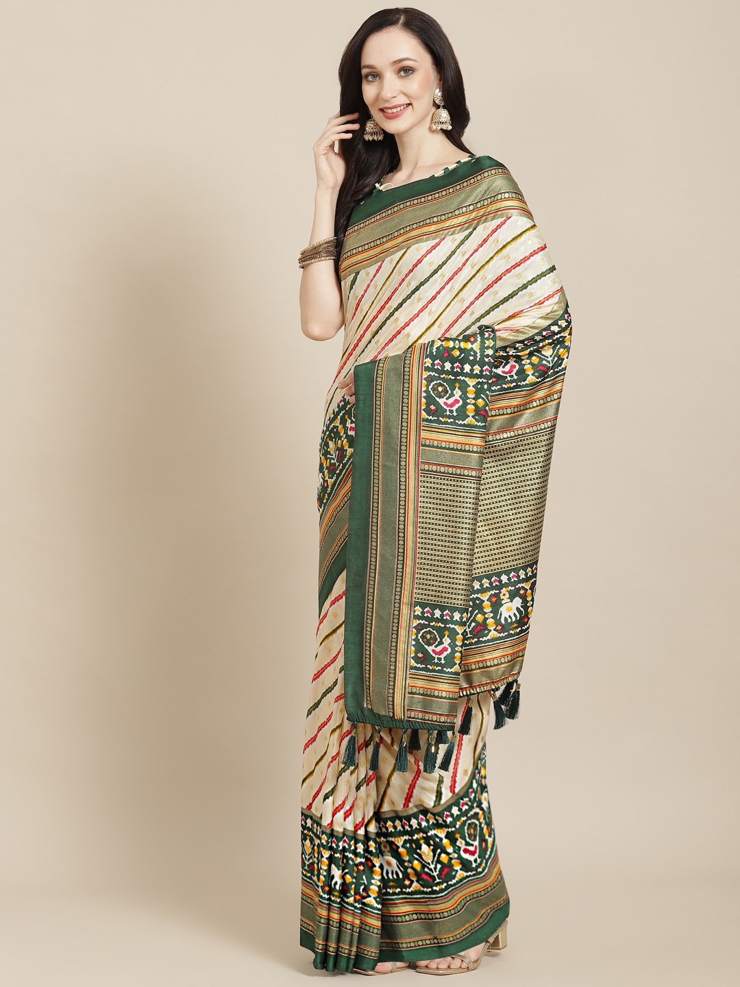 

SHANGRILA Beige & Green Ethnic Motifs Art Silk Patola Saree