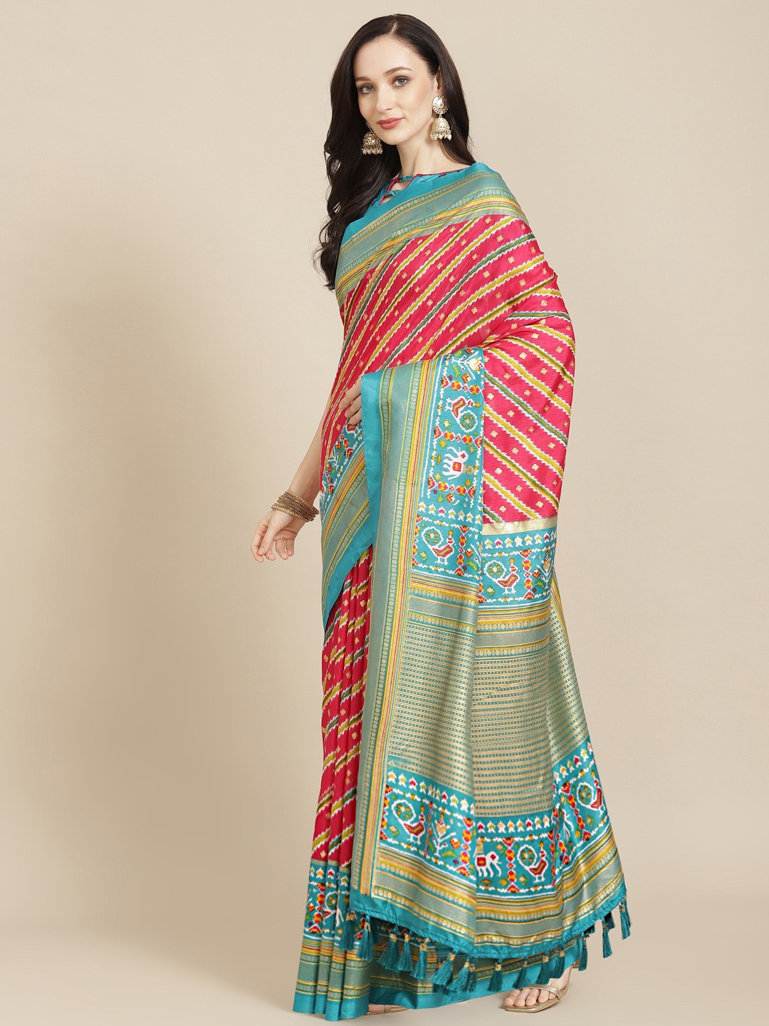 

SHANGRILA Red & Blue Ethnic Motifs Art Silk Patola Saree