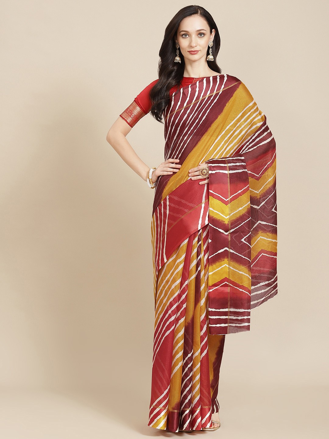 

SHANGRILA Maroon & Mustard Jute Cotton Kota Saree