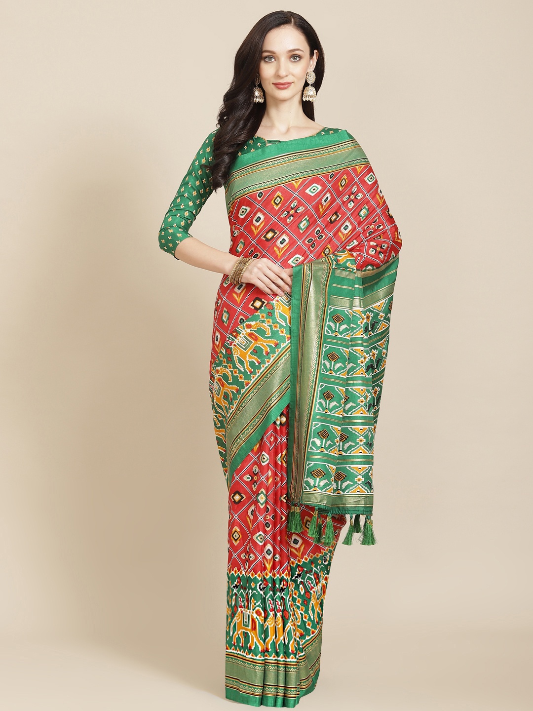 

SHANGRILA Red & Green Art Silk Patola Saree