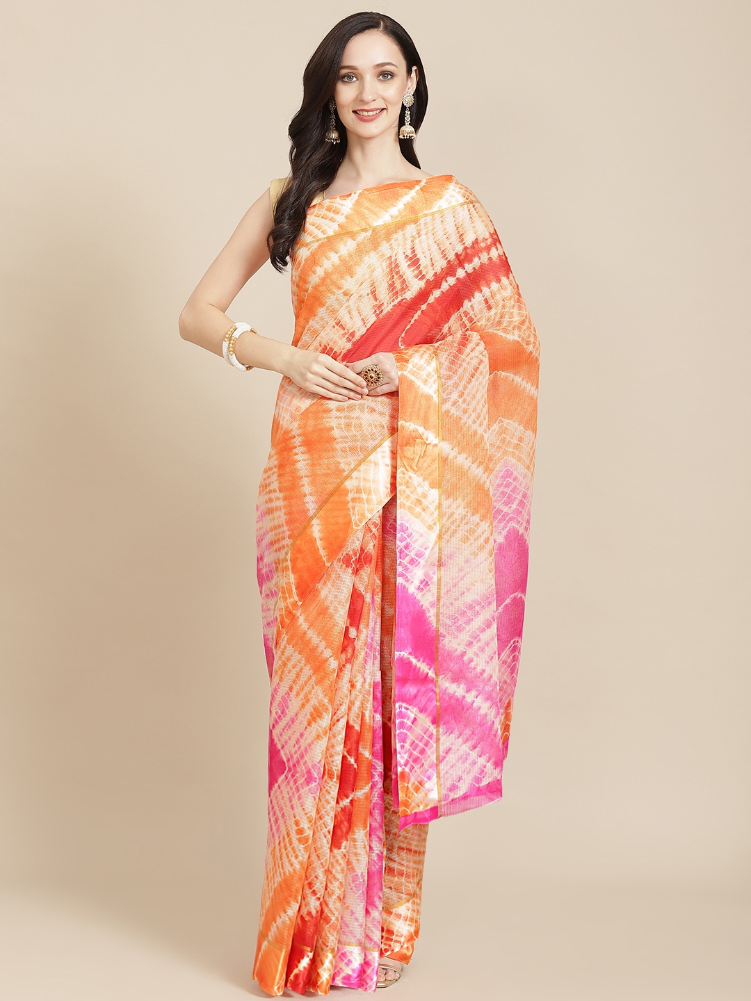 

SHANGRILA Orange & Pink Jute Cotton Kota Saree