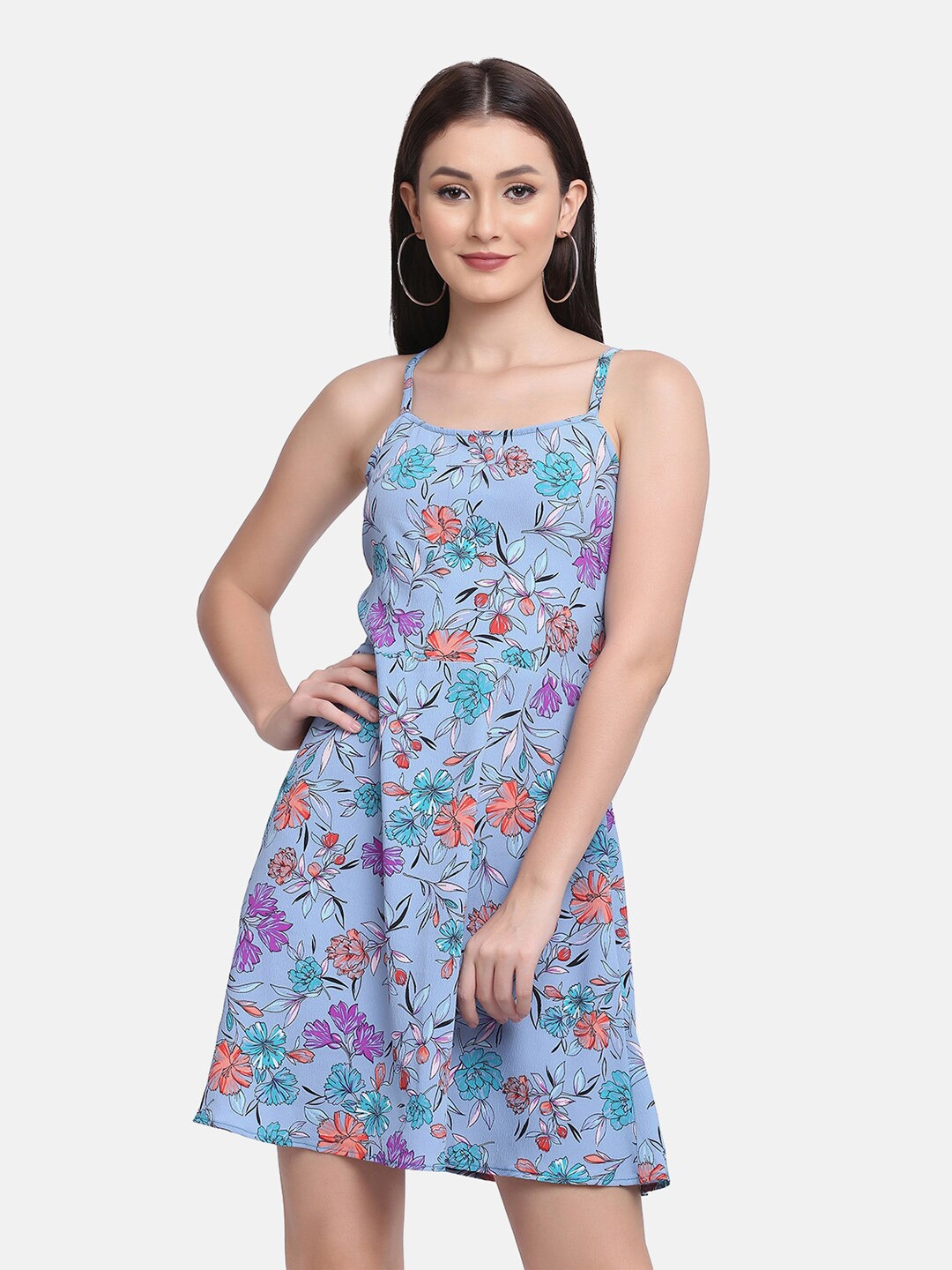 

SAKIA Blue Floral Printed Casual Fit And Flare Crepe Dress